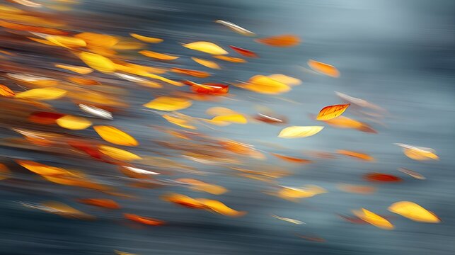 Colorful autumn leaves swirl in motion, creating a vibrant and dynamic atmosphere.