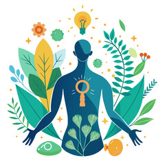 Human Silhouette with Glowing Energy Points and Natural Herbs Vector Illustration for Homeopathic Healing

