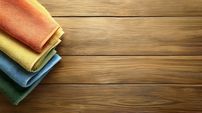 Colorful microfiber cleaning cloths neatly folded and stacked on rustic wooden planks background with copy space for cleaning service or housekeeping concept.