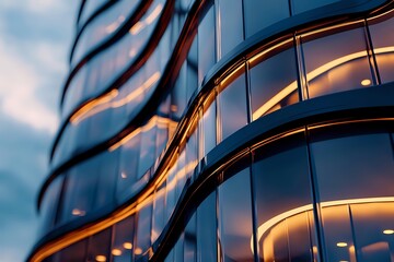 Fototapeta premium Modern curved glass building facade with warm evening light reflecting on windows creating abstract geometric pattern against blue twilight sky.