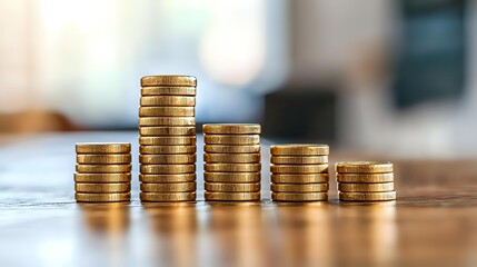 Stacks of golden coins arranged in decreasing height on wooden surface showing financial decline, business loss, or economic downturn concept in soft lighting.