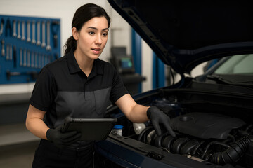 Female mechanic holding tablet, pointing at engine under open hood in modern garage. Professional auto diagnostics, car service, maintenance and repair concept.