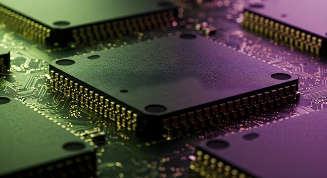 Close-up of multiple integrated circuits on a motherboard, showcasing intricate details and connections, with a green and purple gradient background.