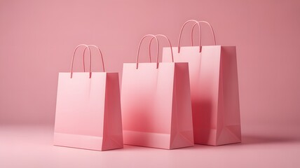 Three Pink Shopping Bags in Varying Sizes on Pink Background gift bags paper bags