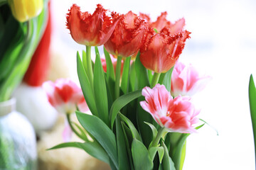 Tulip flowers close-up in a vase. Mothers Day.