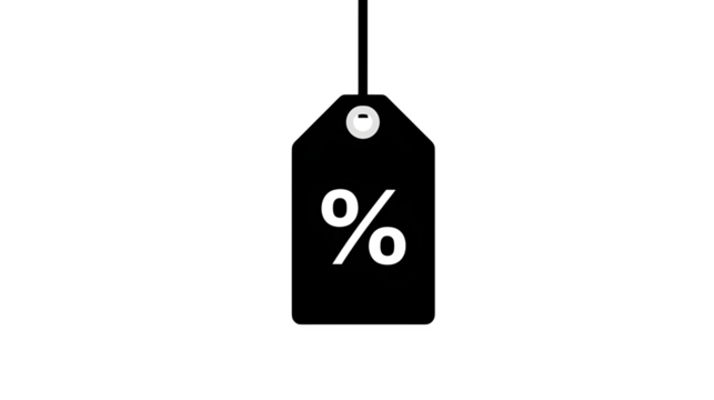 Hanging discount tag with % symbol, black filled icon,