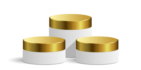 White and gold cylinder podium stage platforms pedestal vector. Ideal for product showcases, awards ceremonies, or luxury presentations. elegant, multi-tiered display for premium items	
