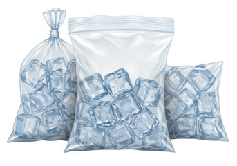 Three transparent plastic bags filled with clear ice cubes, isolated on a transparent background, representing cold refreshment and frozen water