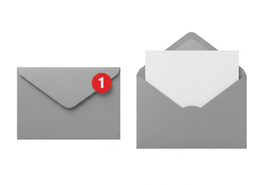 Two gray envelopes, one closed with a red notification circle and the other open with a white paper inside, isolated on a transparent background