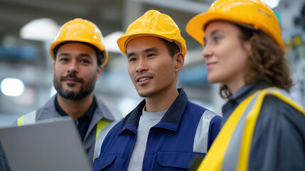 High-tech manufacturing team discussing operations in safety gear