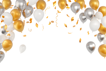 Gold silver white balloons confetti celebration isolated on a transparent background