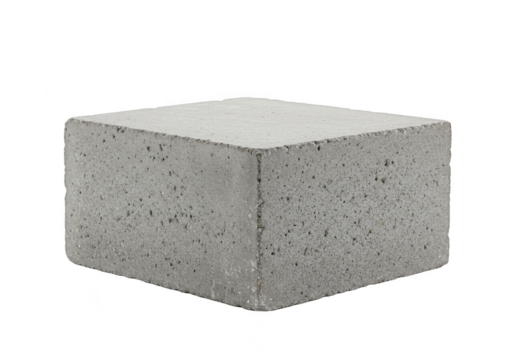 A single gray concrete brick, a fundamental building material, isolated on a transparent background