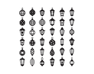 A set of black lantern silhouettes, featuring hanging lights made of decorative retro metal. It's got that traditional and holiday vibe. This is a vector line art illustration on a white background.
