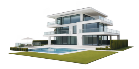 Modern luxury white house with swimming pool and green landscaping isolated on transparent background
