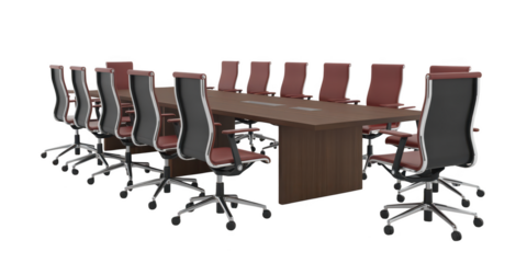 Modern conference room table and chairs setup isolated on transparent background