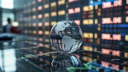 Transparent glass globe on reflective surface with digital stock market numbers and colorful financial data display in trading environment

 - Powered by Adobe