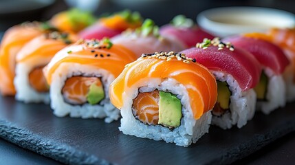 Assorted Sushi Rolls with Salmon, Tuna, and Avocado on a Slate Plate