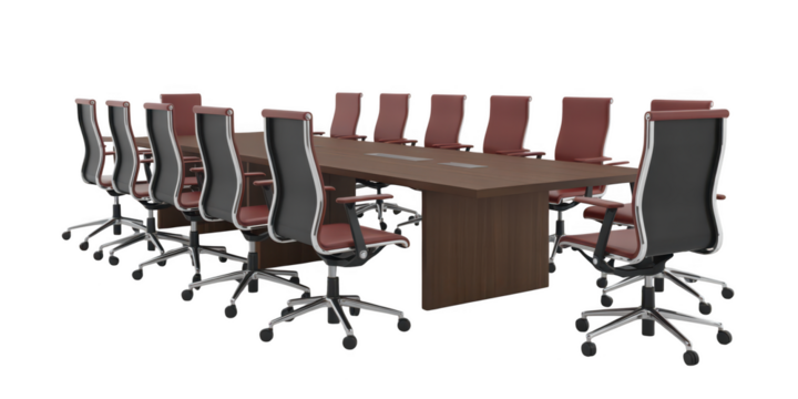 Modern conference room table and chairs setup isolated on transparent background