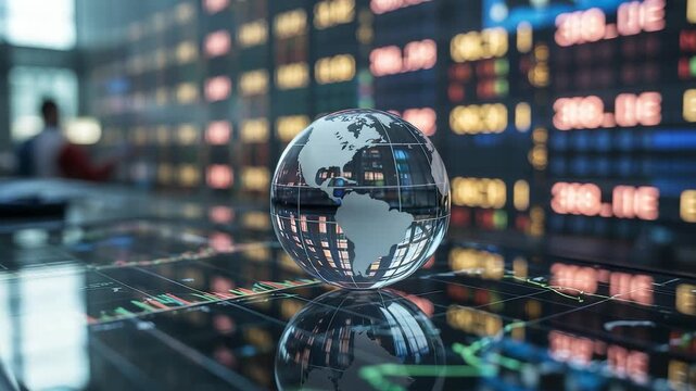 Transparent glass globe on reflective surface with digital stock market numbers and colorful financial data display in trading environment
- Powered by Adobe