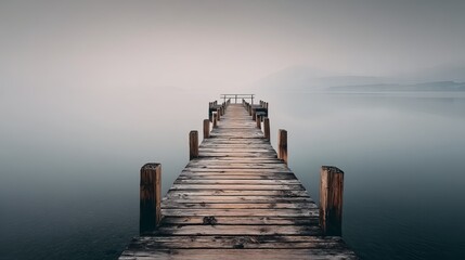 Obraz premium A serene wooden pier stretches into a misty lake, creating a tranquil and peaceful atmosphere.