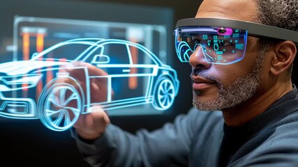 Futuristic design with augmented reality headset and holographic car interface - Powered by Adobe