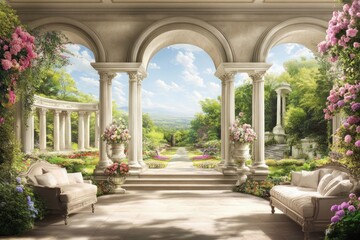 Fototapeta premium Beautiful garden view through stone arches, leading to a path among trees and flowers