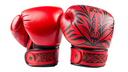 Pair of red boxing gloves with tribal design isolated on transparent background, a symbol of modern sport and training equipment for combat and fitness