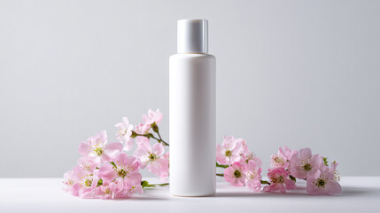 A sleek white cosmetic bottle surrounded by vibrant pink blossoms, evoking beauty, freshness, and nature. The delicate flowers complement the minimalist bottle, perfect for spa, skincare, or wellness 