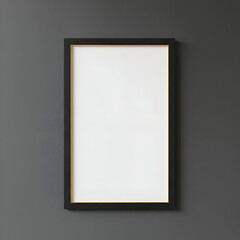 Empty black frame with gold trim on gray wall. Perfect for decor or design ads, highlighting elegant versatility.