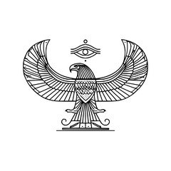 Egyptian style horus with wings spread and eye of horus above it in a line art black and white design