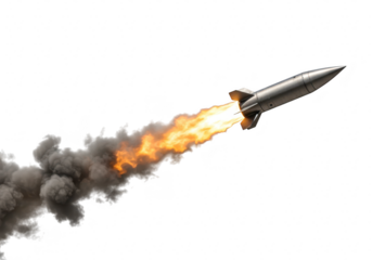A metallic rocket or missile in midflight, leaving a trail of bright orange flames and dark smoke against a transparent background, isolated on transparent background