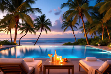 Fototapeta premium Luxury tropical resort infinity pool at sunset, exotic beach vacation with palm trees and cocktails, romantic evening poolside lounge with ocean view