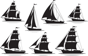 Black sailing ships with full sails on water white © Laila