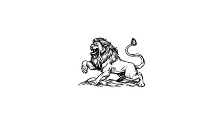 A detailed monochrome illustration of a roaring lion standing on a textured ground with a curled tail up