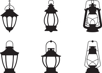 Black silhouette collection of vintage lanterns and hanging lamps retro