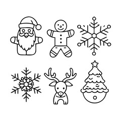 Christmas line icon set. Vector pictograms of Santa Claus, reindeer, Christmas tree, gingerbread man, snowflake, and holiday decorations thin linear illustration. See Less