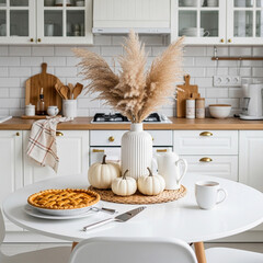 Autumn still lifes, Modern Kitchen with Autumnal Decorations and Pie.