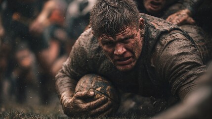 Rugby player struggles in muddy conditions during intense match in the rain on a rugged field