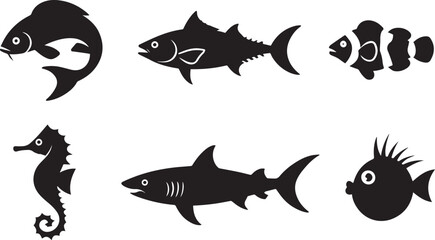 Black silhouettes of marine life including fish seahorse and shark clownfish pufferfish © Laila