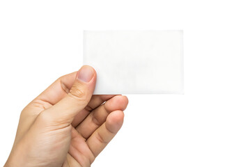 Fototapeta premium Hand holding blank white card isolated on a transparent background image