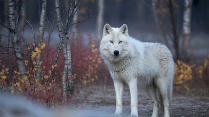 Obraz premium Majestic Arctic Wolf Stance Amidst a Misty Forest Autumnal Ambiance A Portrait of Wildlife Beauty