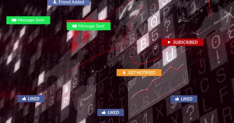 Grid scrolling behind map social icons pulsing subscribe changing badges floating for engagement