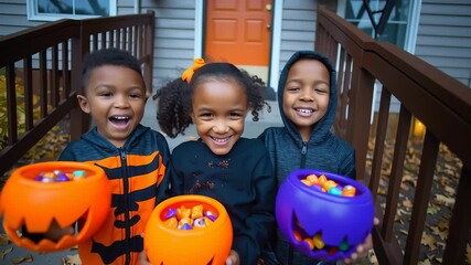 Kids smiling while holding brightly colored bowls full of candy during Halloween festivities. Outdoor setting with autumn leaves and cozy home in background