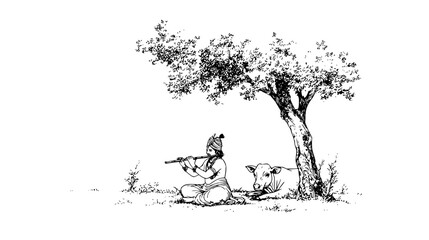 Illustration of krishna playing flute under a tree with a cow resting nearby in black and white style