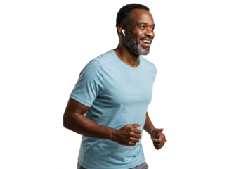 Smiling african american man in his 50s running with wireless earbuds, isolated on transparent background