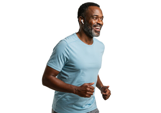 Smiling african american man in his 50s running with wireless earbuds, isolated on transparent background