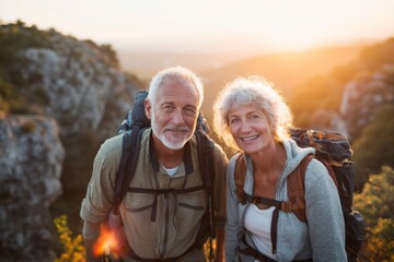 Smiling senior couple with backpacks hiking at sunset in the mountains.
