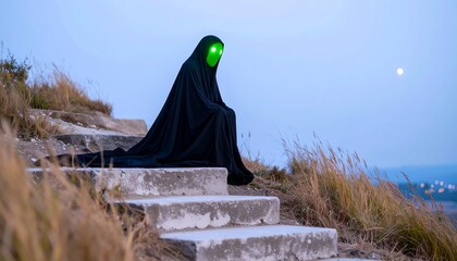 Figure in black cloak sits on stone steps at twilight