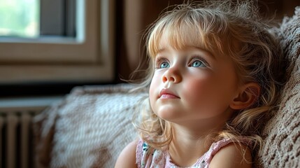 Young girl looking upward in thoughtful pose
