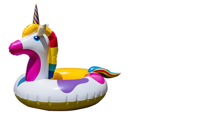 Inflatable unicorn pool ring rainbow mane isolated on a transparent background swimming